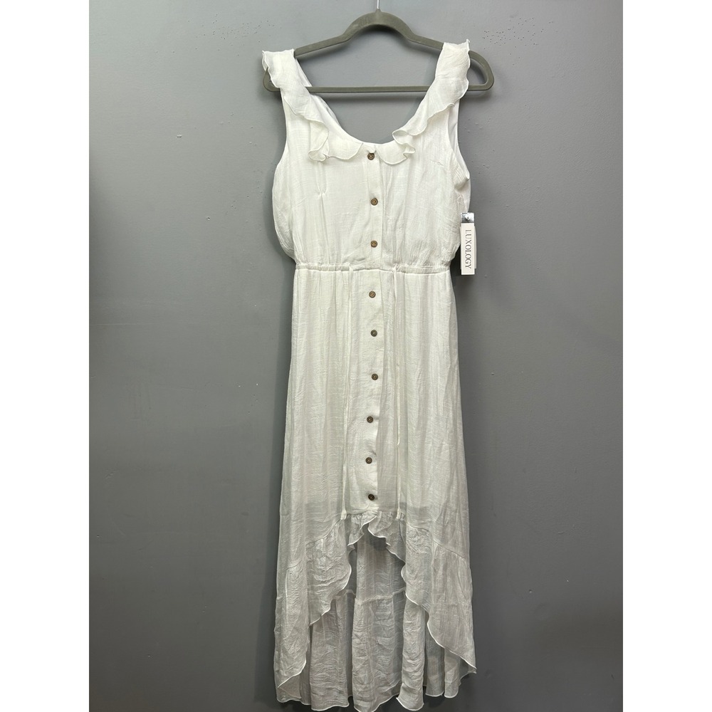 LUXOLOGY Dress Womens Small White Ruffle Neck Button Front High Low Maxi New